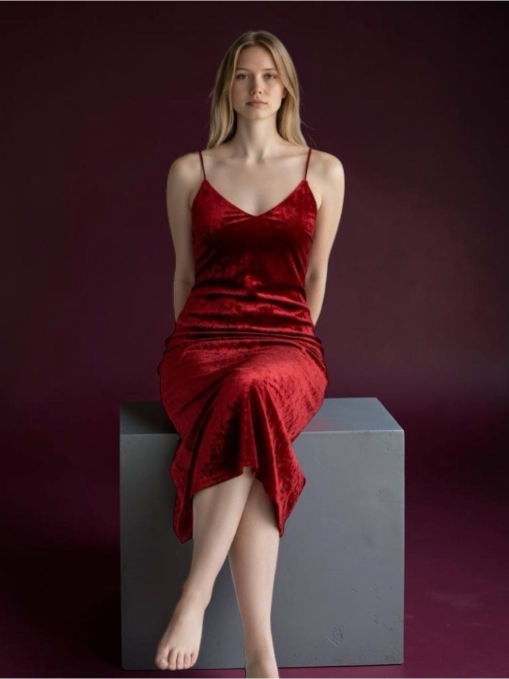 ReVamped Red Velvet Spaghetti Strap Bodycon Slip On Dress Babydoll Size Small